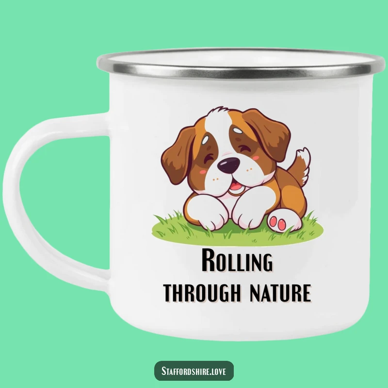Funny Saint Bernard Roll Enamel Mug: Adventure with Canine Comedy!