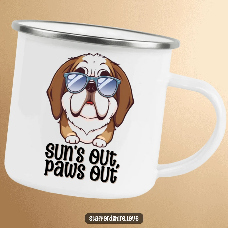 Funny Saint Bernard camping mug showing a goofy dog wearing tiny sunglasses on an outdoor adventure, durable and humorous.