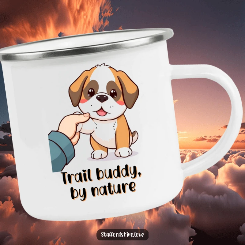 Funny Saint Bernard camping mug featuring a cute Kawaii dog nudging a hand, perfect for outdoor enthusiasts and pet lovers.