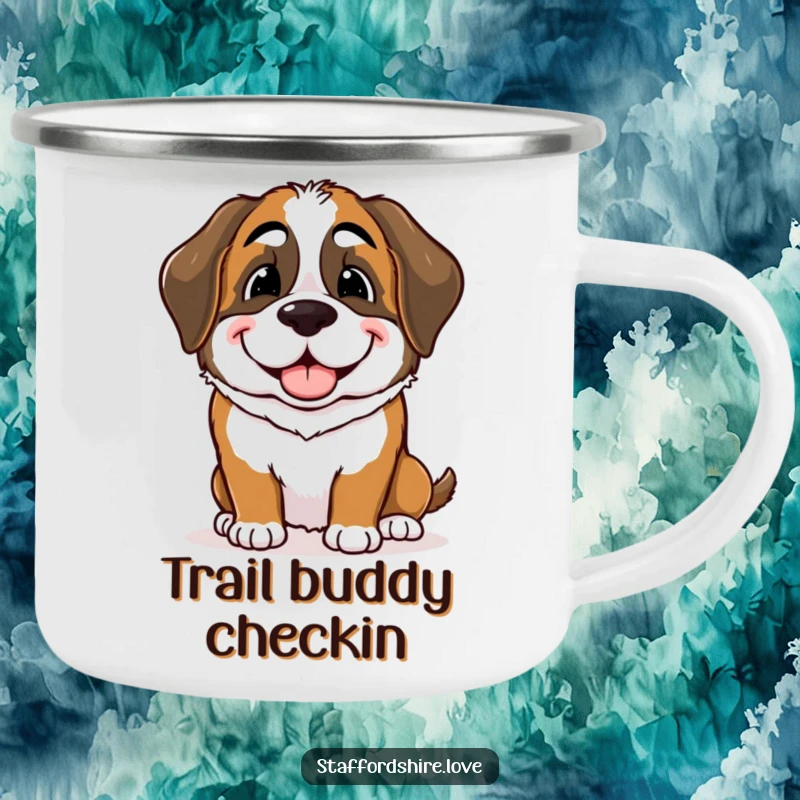 Funny Saint Bernard camping mug showing a dog offering a warm, playful nudge, perfect for sharing friendship outdoors.
