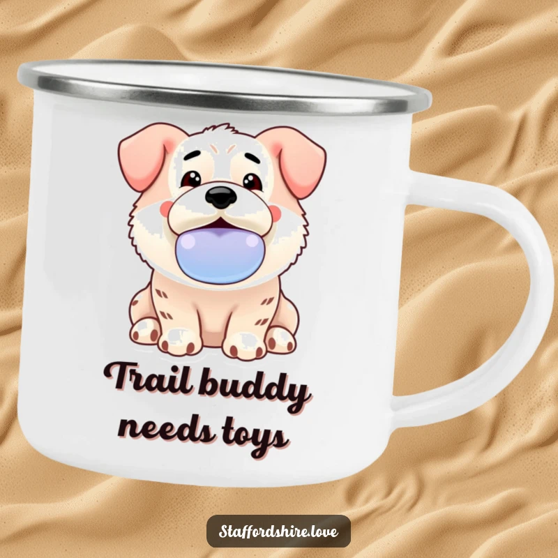 Funny Kawaii Staffordshire camping mug featuring an enthusiastic dog offering a slobbery toy, perfect for outdoor fun and canine love.