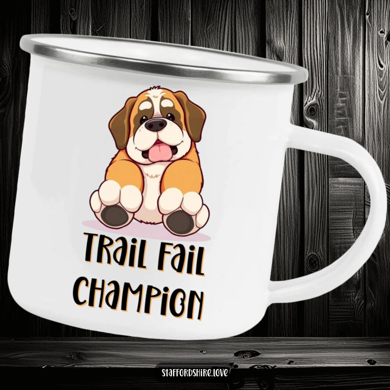 Funny camping mug of a kawaii Saint Bernard tripping over its own large paws, for outdoor enjoyment.