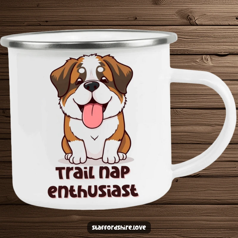 Funny Saint Bernard camping mug with a dog sighing happily, tongue out, built for durability and humor during outdoor adventures.