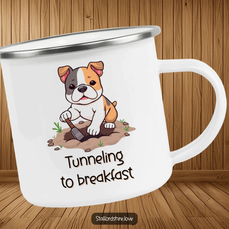 Funny kawaii Staffordshire Bull Terrier camping mug with determined digging, ideal for humorous outdoor enjoyment.