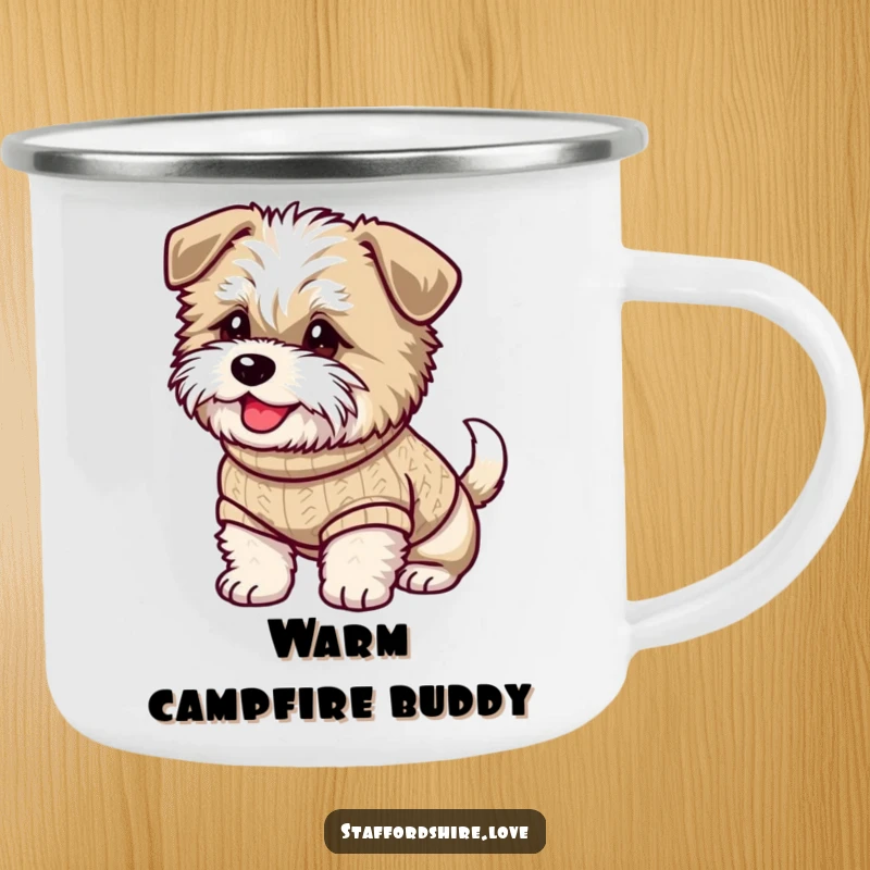 Funny camping mug with a fluffy Staffordshire dog in a sweater, tail wagging, for outdoor enjoyment.