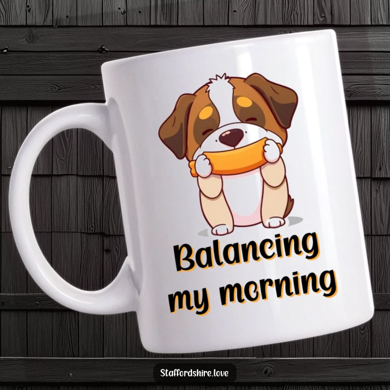 Funny mug featuring a Saint Bernard skillfully balancing a squeaky toy on its snout, showcasing canine talent and humor.
