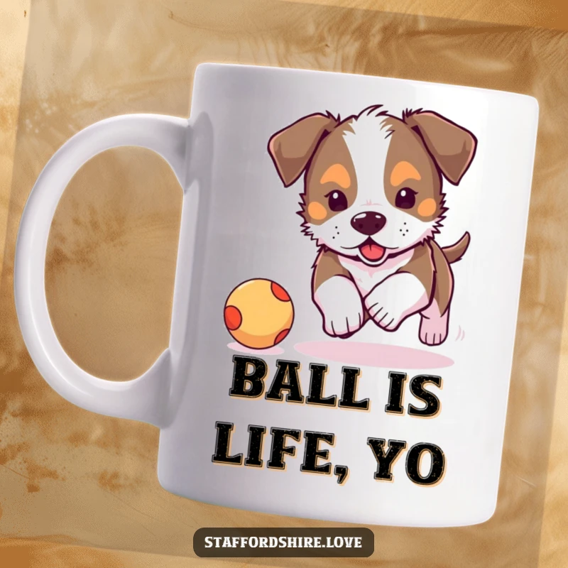 Funny, cute Staffordshire puppy joyfully chasing a bouncy ball on a mug. Perfect gift for dog lovers.