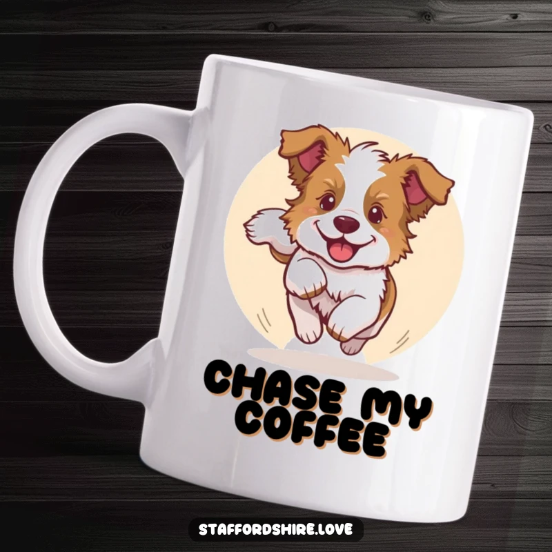 Funny mug featuring a joyful Staffordshire bull terrier puppy spinning in a circle, chasing its own fluffy tail with pure glee.