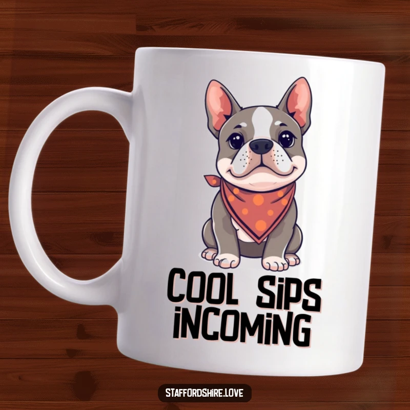 Funny Kawaii Staffordshire Bull Terrier wearing a tiny, stylish bandana, looking effortlessly cool and confident.