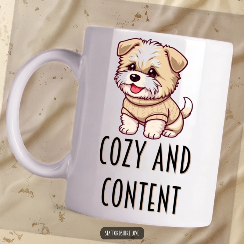 Funny mug showcasing a fluffy Staffordshire dog in a knitted sweater, happily wagging its tail, full of canine joy.