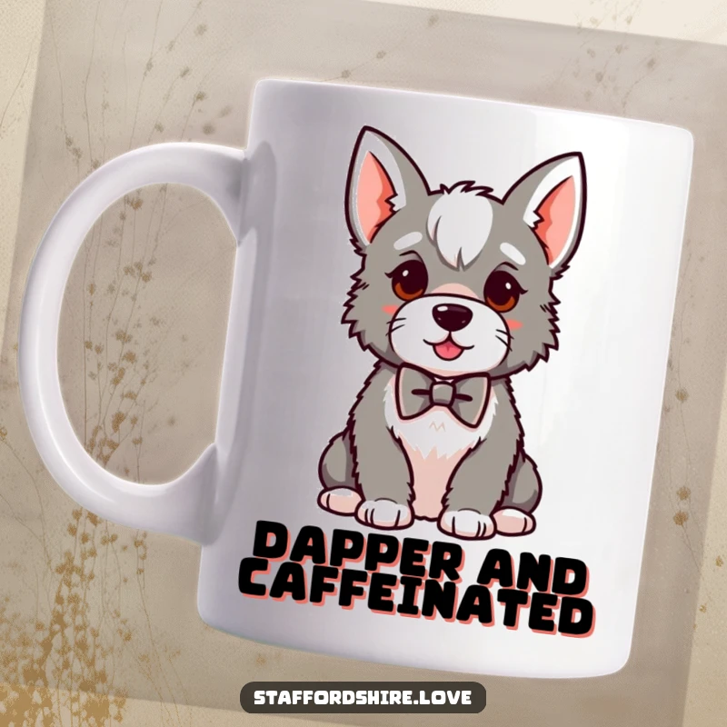 Funny kawaii Staffordshire mug, sitting proudly in a small bowtie, exuding gentlemanly charm and humorous sophistication.