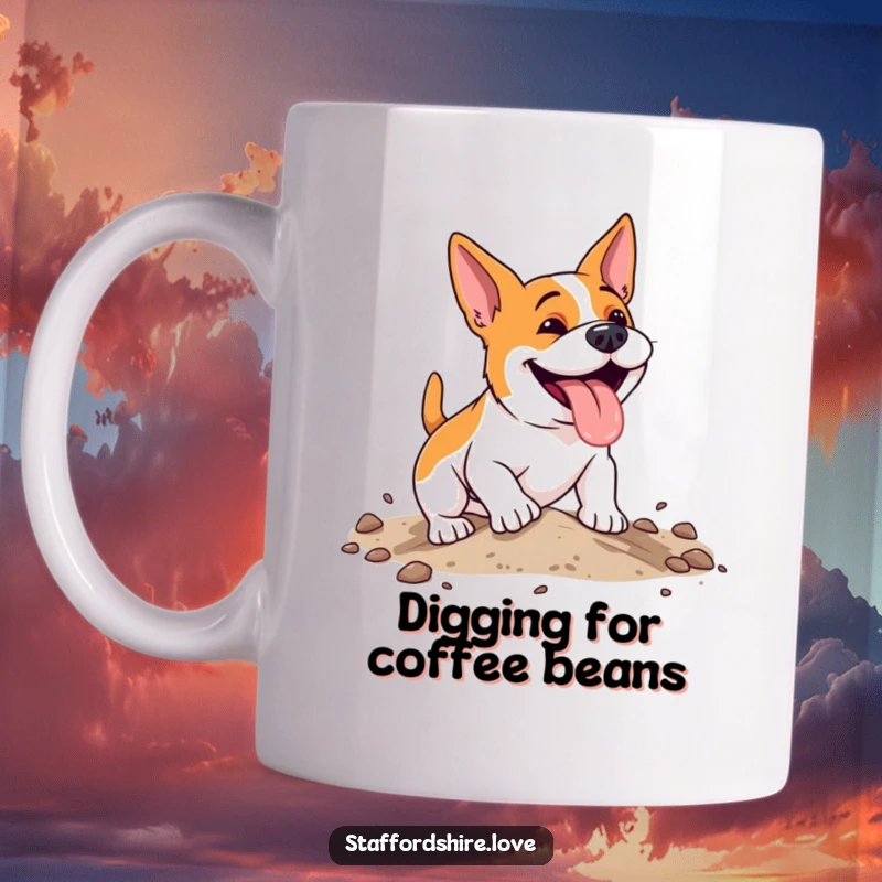 Funny, energetic Staffordshire dog with a happy pant, digging enthusiastically in soft earth on a ceramic mug.
