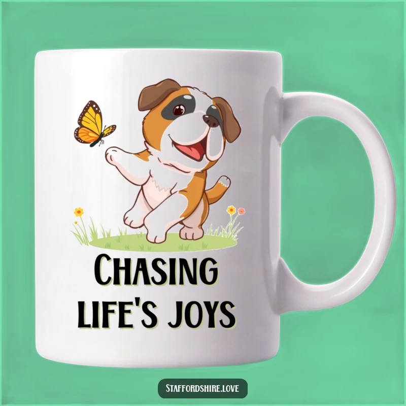 Funny Chasing Butterfly Mug - Playful Saint Bernard's Hilarious Joyful Moment