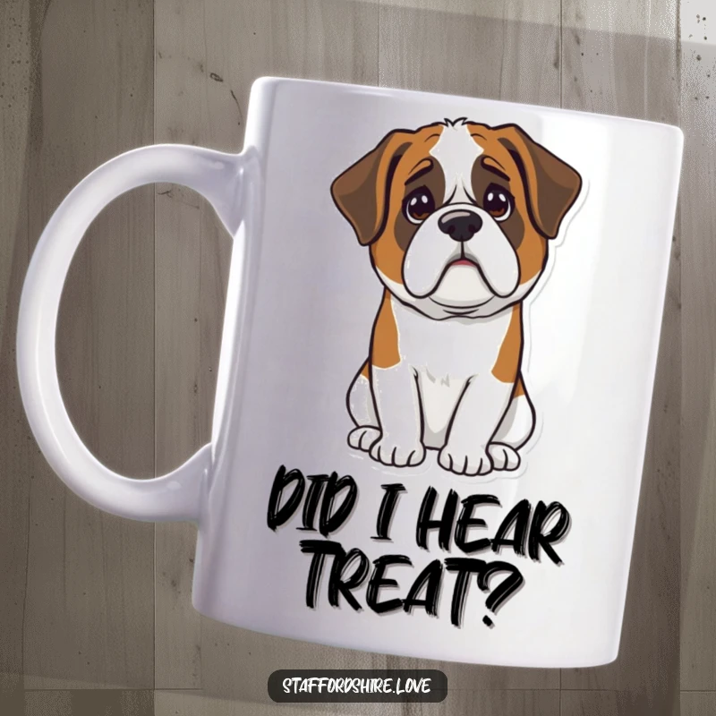 Funny Kawaii Saint Bernard mug featuring a cute dog tilting its head in adorable confusion, perfect for a dog lover gift.