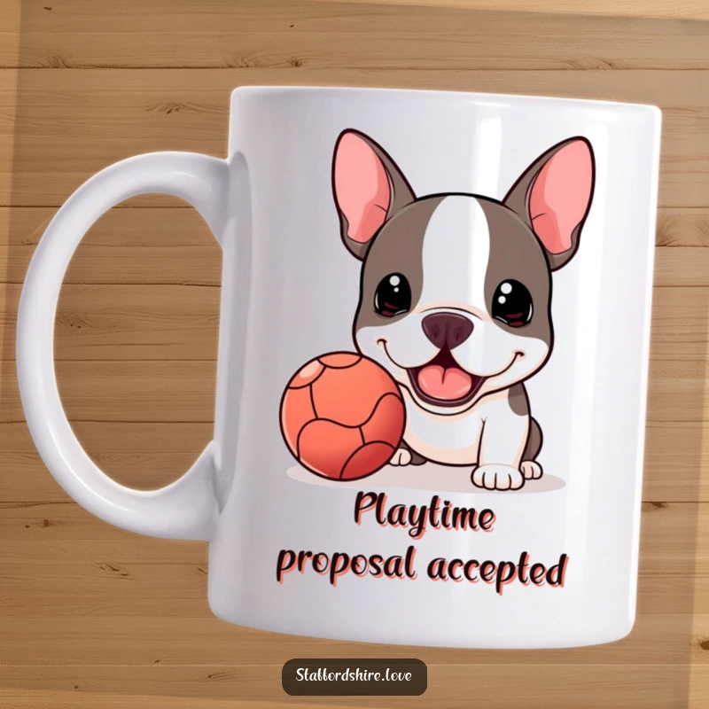 Funny Kawaii Staffordshire Bull Terrier with a very slobbery ball, offering it with pure enthusiasm and a happy grin.