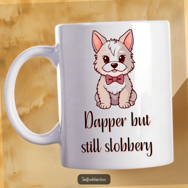 Funny Kawaii Staffordshire mug featuring a proud dog in a tiny bowtie, sitting elegantly, perfect for proud pet parents.