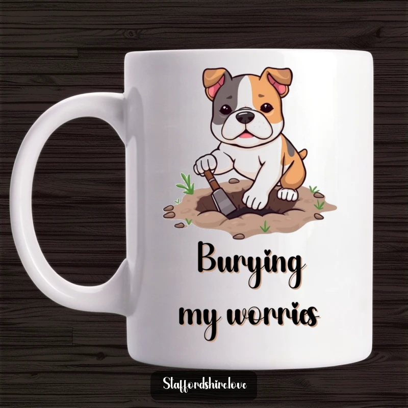 Funny kawaii Staffordshire Bull Terrier mug showing determined digging, embodying energetic focus and playful canine endeavors.