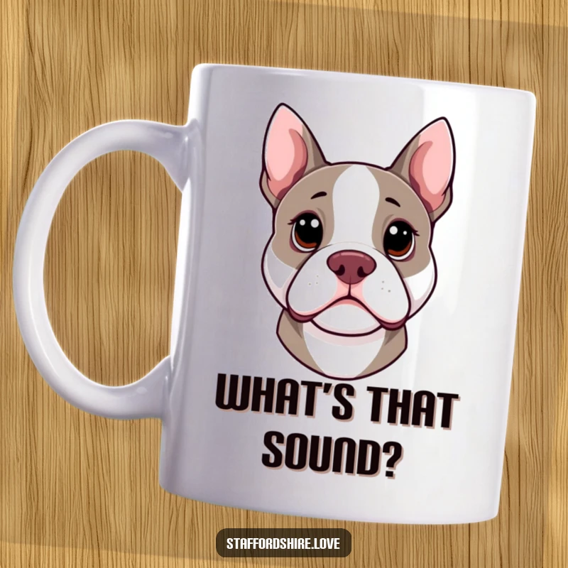 Funny kawaii Staffordshire Bull Terrier mug with head cocked curiously, embodying lovable inquisitiveness and doggy charm.