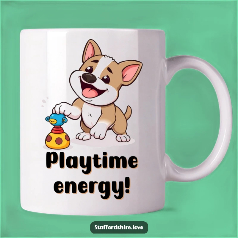 Funny Pouncing Staffy Mug: Playful Toy Attack, Energetic Dog Lover Gift, Funny!