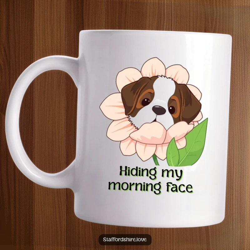 Funny Saint Bernard mug with a large dog peeking playfully from behind an oversized, vibrant flower, evoking sweet surprise.
