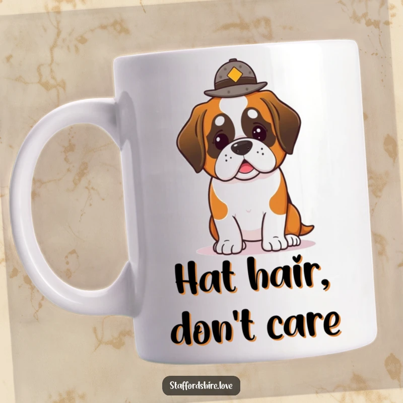 Funny Saint Bernard Mug: A cute kawaii Saint Bernard dog hilariously trying to balance a small hat.