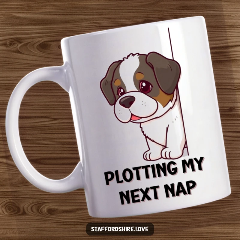 Funny Saint Bernard Mug featuring a dog with a mischievous glint, peeking around a corner, full of playful doggy secrets.