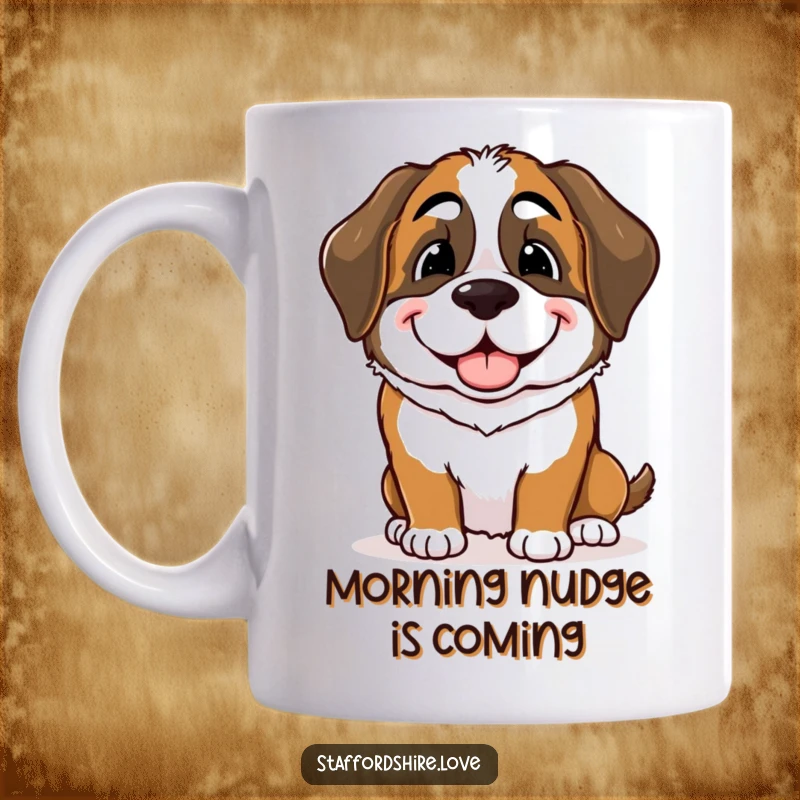 Funny Saint Bernard mug showing a gentle giant nudging a friend with a loving, playful smile, perfect for dog lovers.