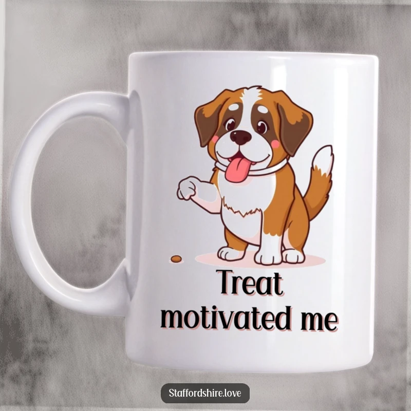 Funny Saint Bernard mug showing a happy dog with a wagging tail jumping excitedly for a treat.