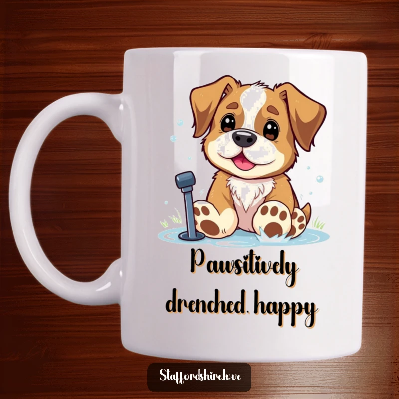 Funny Staffordshire dog with oversized paws joyfully playing in a sprinkler on a mug. Great gift.