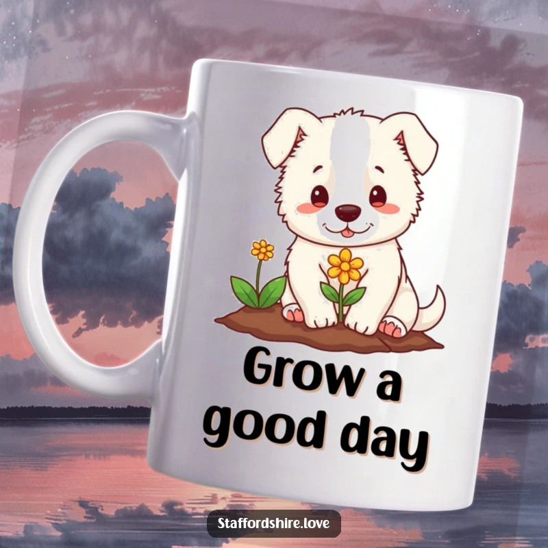 Funny mug featuring a soft Staffordshire with a gentle expression, carefully planting a tiny, colorful flower. A heartwarming scene.