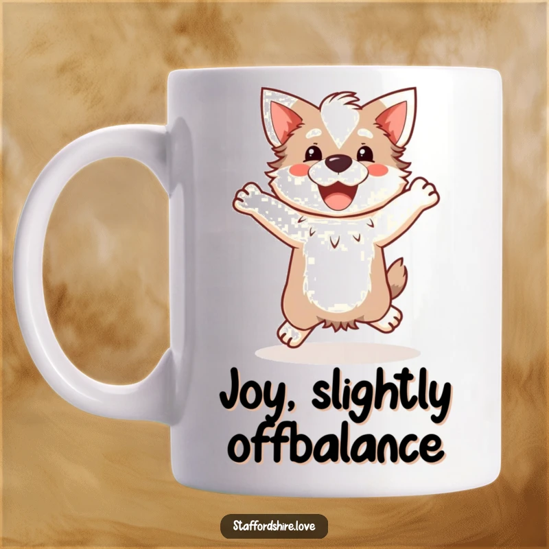Funny Kawaii Staffordshire Mug, featuring a cute Staffy doing a happy, clumsy jump, perfect for coffee lovers and energetic dog owners.
