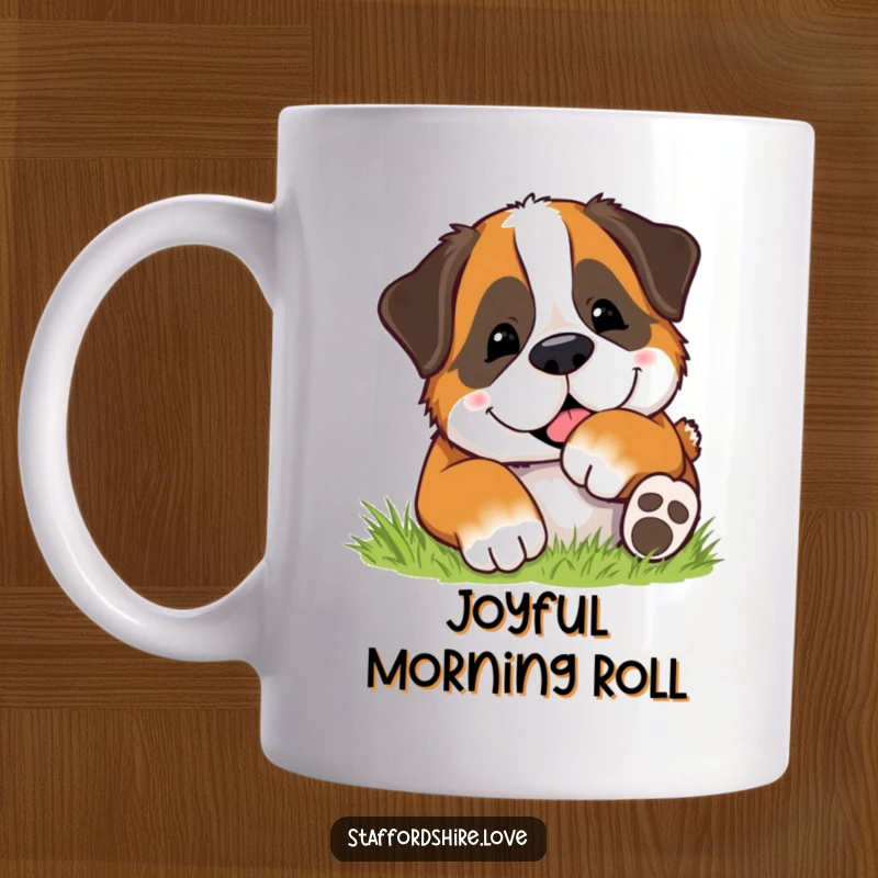 Funny mug showing a Saint Bernard dog rolling joyfully in lush, soft green grass with a look of pure contentment.