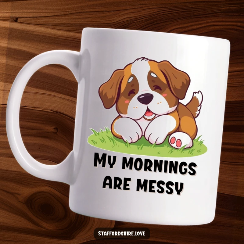 Funny Saint Bernard Mug: A cute kawaii Saint Bernard dog doing a hilarious, clumsy roll on green grass.