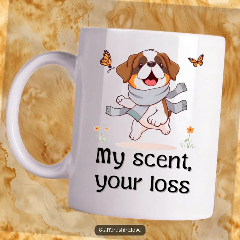 Funny Saint Bernard mug, fluffy dog in a scarf joyfully chasing a delicate butterfly, whimsical and heartwarming design.