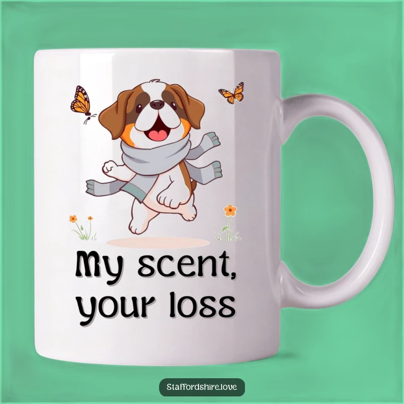Funny Saint Bernard Butterfly Chase Mug: Adorable Dog Design, Perfect Gift for Dog Lovers