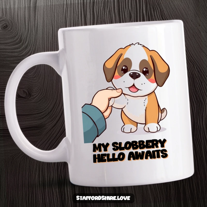 Funny Saint Bernard mug showing a cute Kawaii dog gently nudging a welcoming hand, expressing affection and warmth for dog enthusiasts.