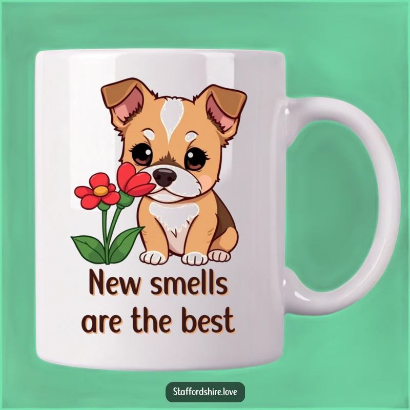 Funny Staffordshire Dog Mug: Curious Pup Sniffing Flower, Unique & Hilarious Gift!