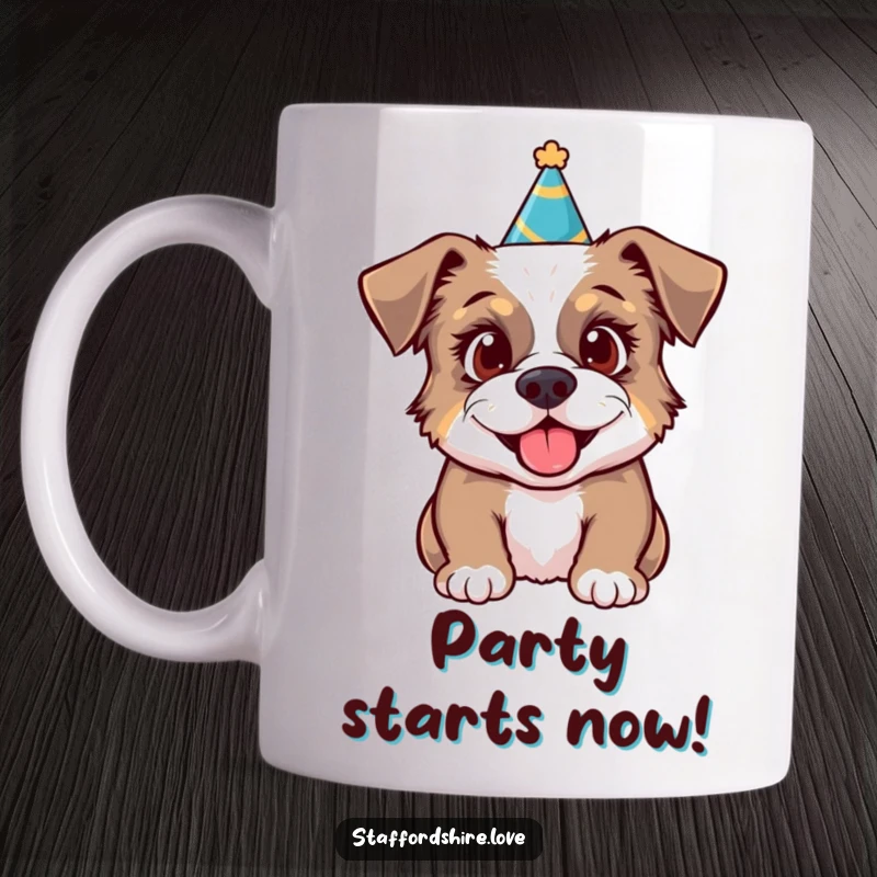 Funny mug featuring a Staffordshire dog wearing a tiny party hat, looking excited and ready for fun.