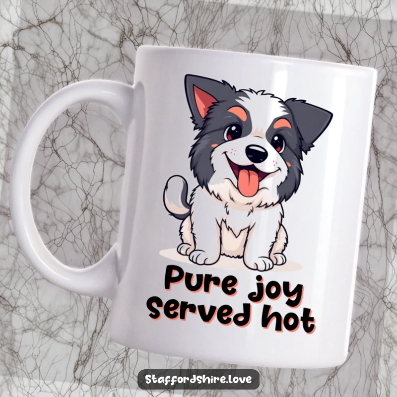 Funny kawaii Staffordshire mug, with a wagging tail and panting happily, radiating pure, humorous canine bliss and energy.