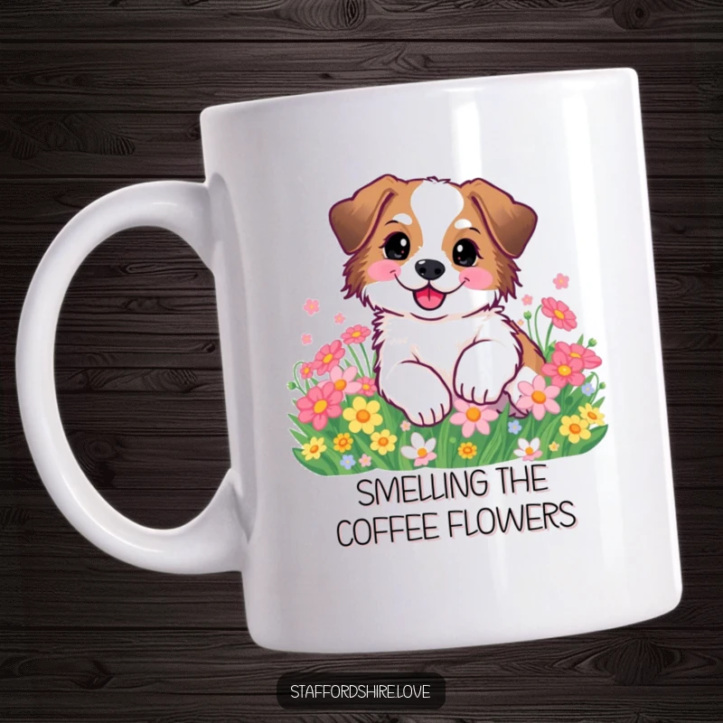 Funny Staffordshire dog happily rolling in a patch of colorful flowers on a mug. Great gift.