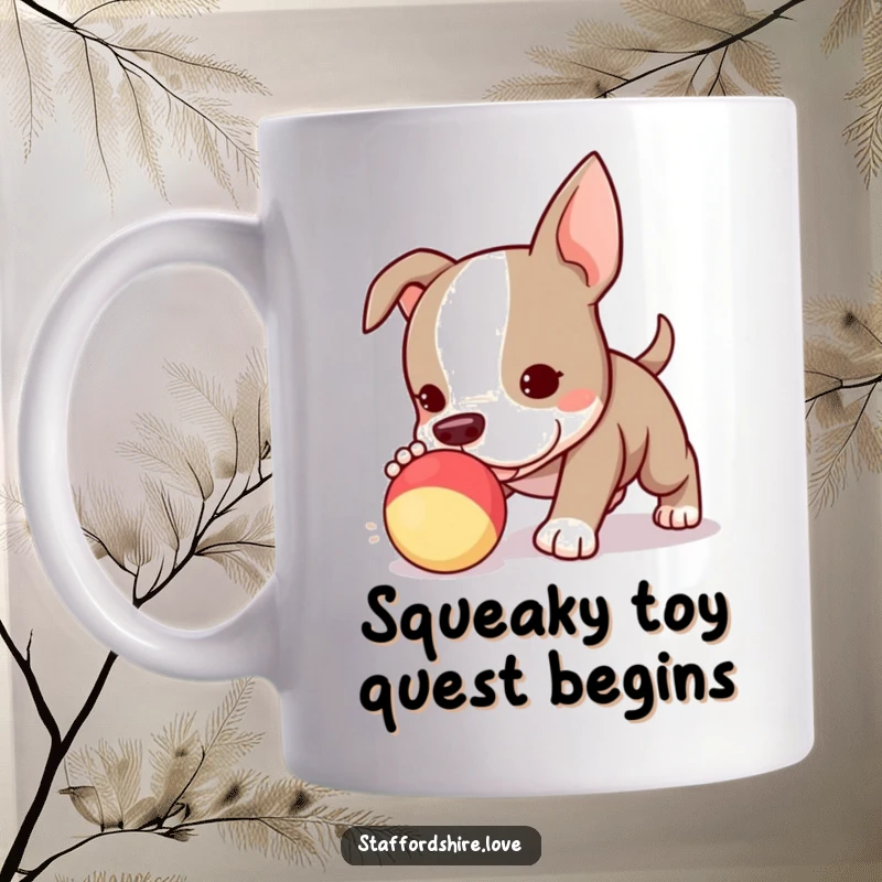 Funny Kawaii Staffordshire Bull Terrier puppy mug, enthusiastically chasing a squeaky toy with a joyful expression, perfect for dog lovers.