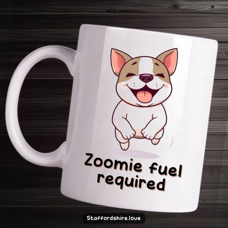 Funny Kawaii Staffordshire Bull Terrier doing a happy zoomie, legs a blur, conveying sheer excitement and playful energy.