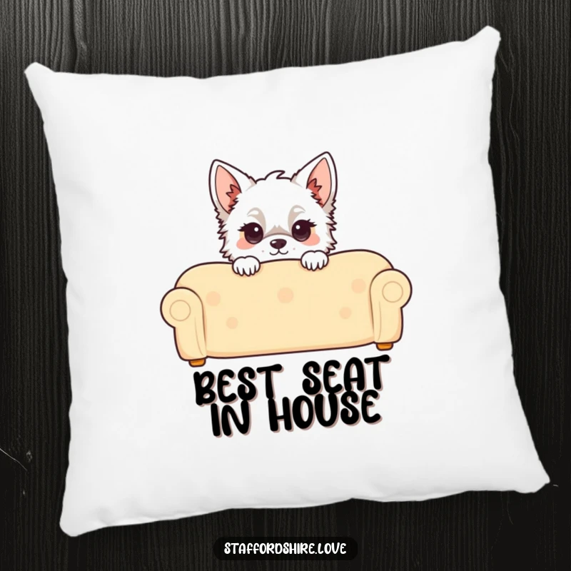 Funny Kawaii Staffordshire Pillow, showcasing a cute Staffy peeking over a couch, offering cozy comfort and humorous decor.