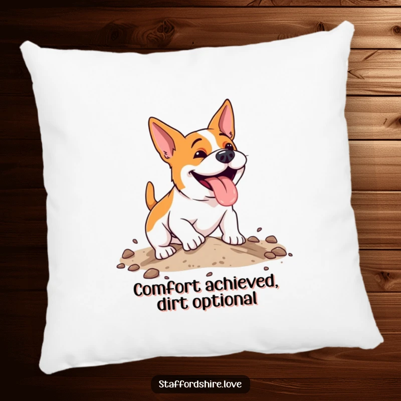 Funny, energetic Staffordshire dog with a happy pant, digging enthusiastically in soft earth on a soft, decorative pillow.