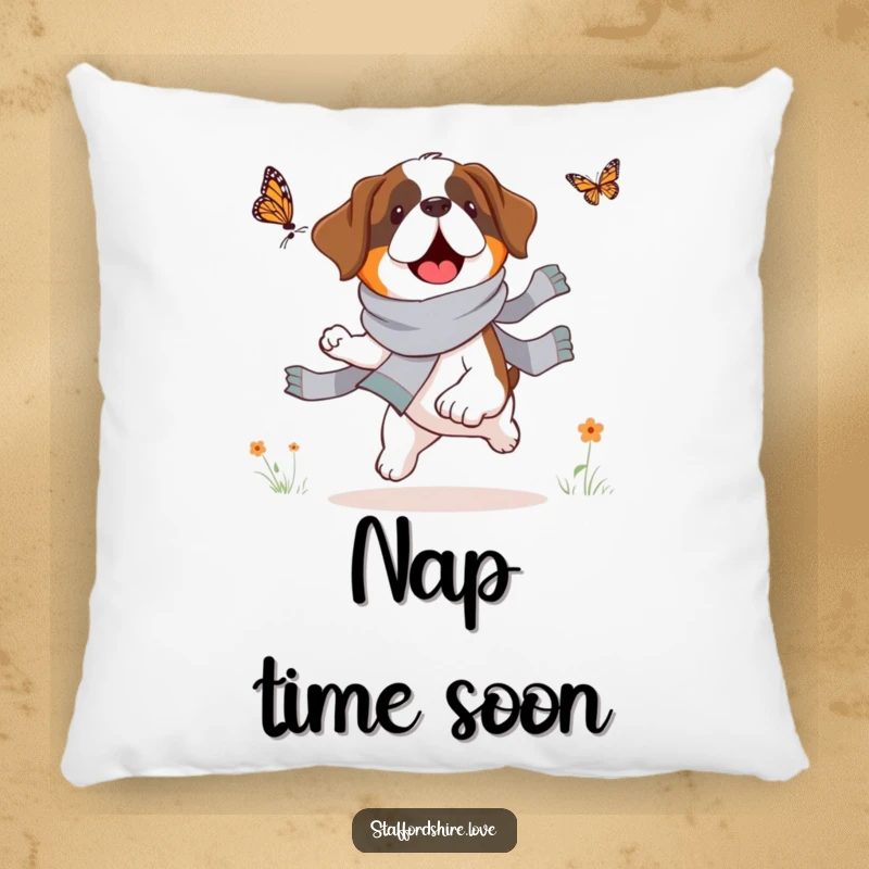 Funny Saint Bernard pillow, soft cushion, featuring a dog in a scarf chasing a butterfly, perfect for a playful touch.