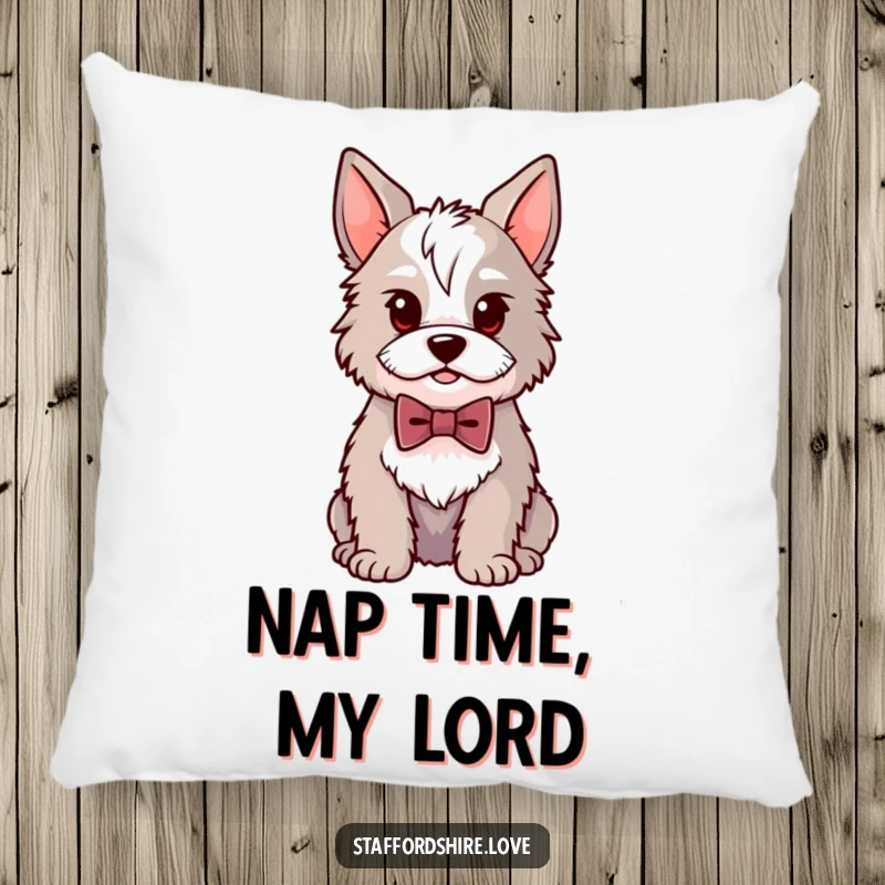 Funny Kawaii Staffordshire pillow featuring a well-dressed dog in a small bowtie, offering comfort and a touch of dapper humor.