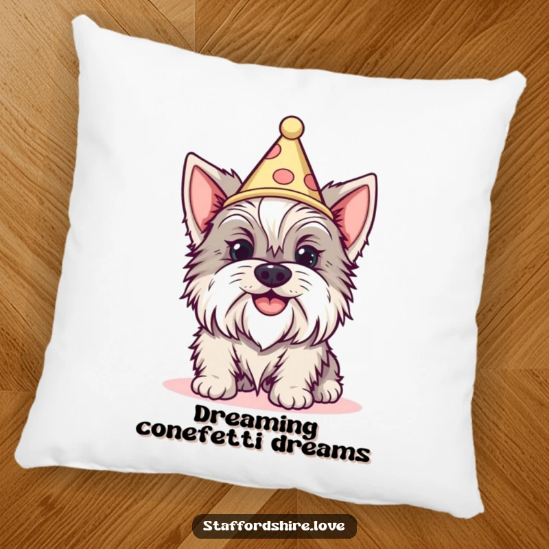 Funny Staffordshire dog with a silly grin wearing a tiny cone hat on a soft pillow. Ideal gift.