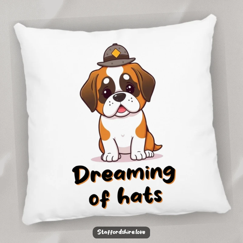 Funny Saint Bernard Pillow: Cozy pillow displaying a lovable kawaii Saint Bernard dog balancing a small hat.