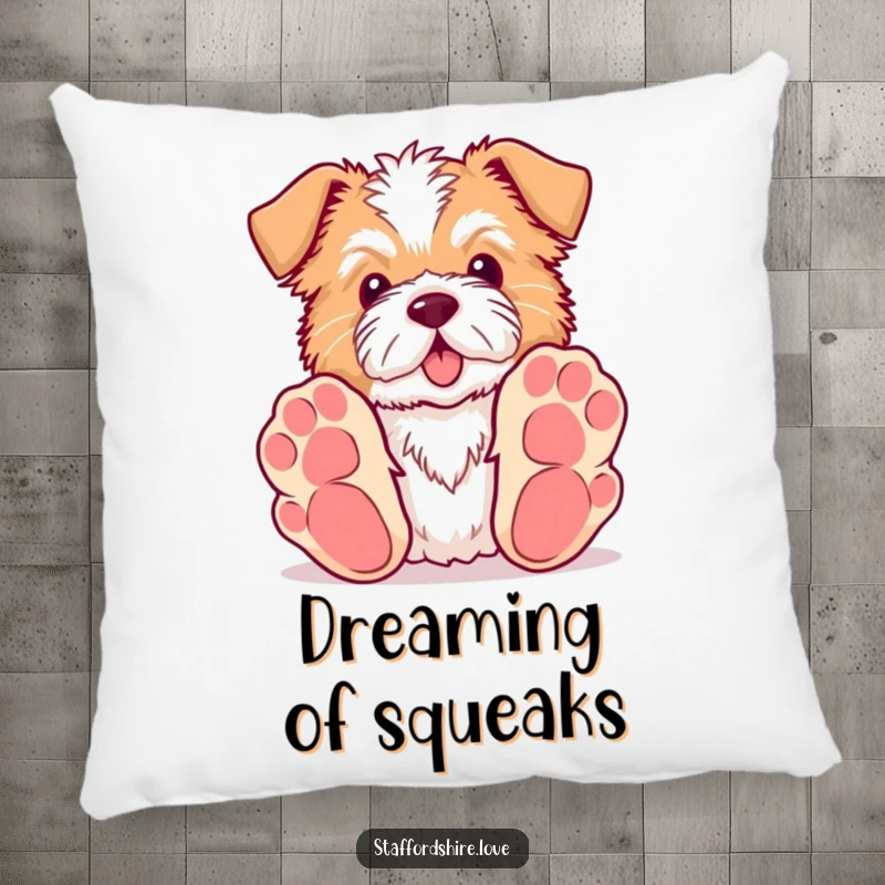 Funny Kawaii Staffordshire pillow featuring a dog with big paws reaching for a toy, offering comfort and playful charm.