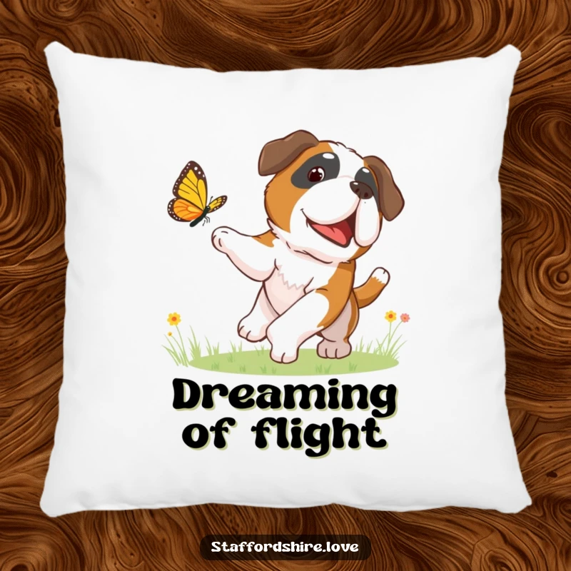 Funny pillow with a Saint Bernard dog playfully chasing a butterfly, offering a soft and humorous decorative accent.